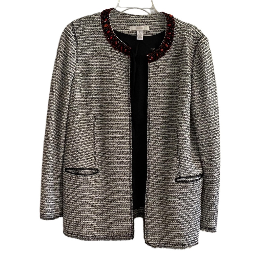 CHICO’S Women's Black White Red Beaded Neckline Open Front Jacket Size Medium 12